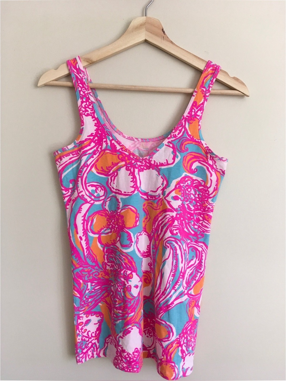 Lilly Pulitzer Womens Pink Blue Floral Paisley V-Neck Cotton Stretch Tank Top